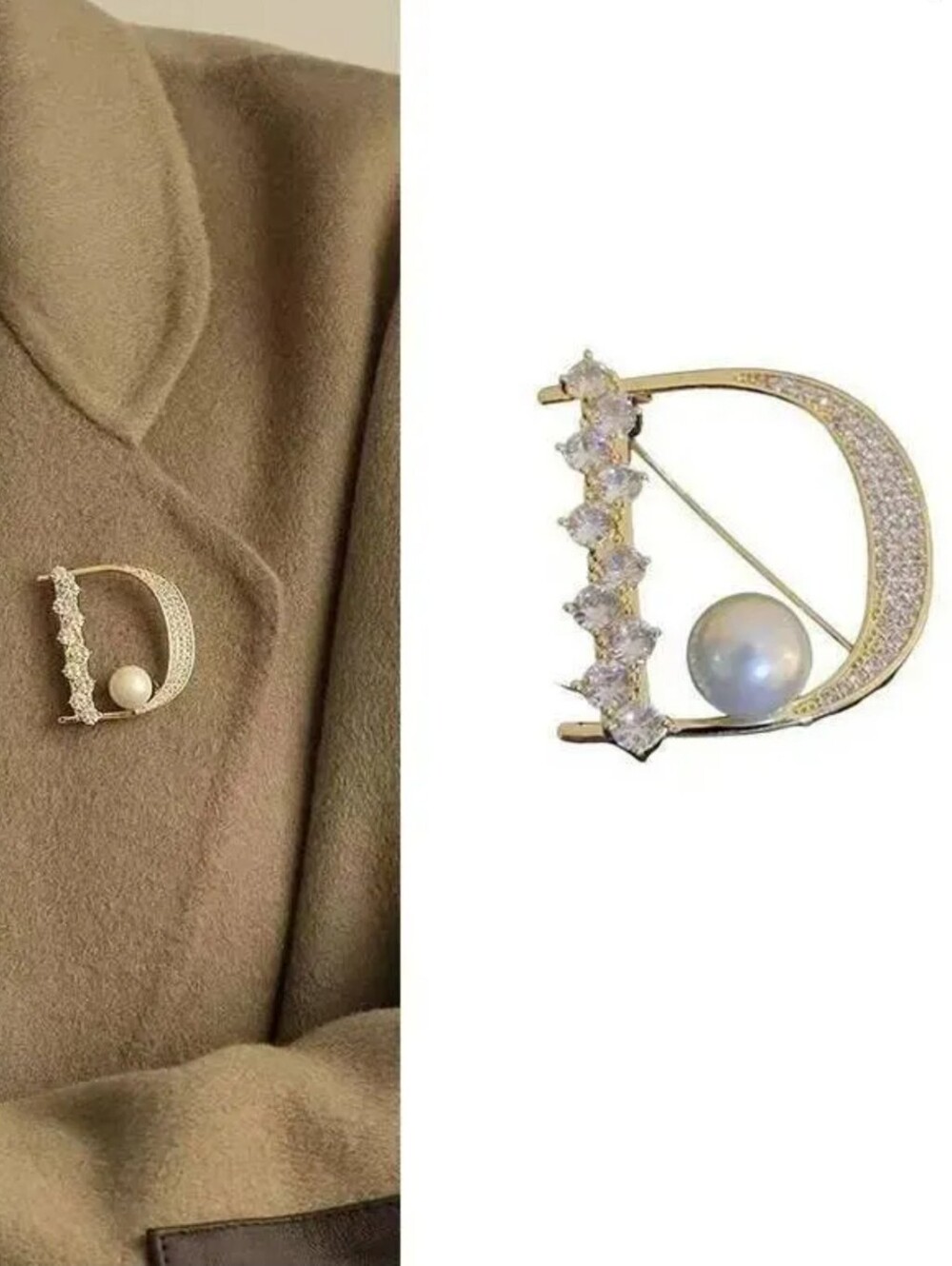 Gold D-Shape Pearl & Cubic Zirconia Brooch for Women